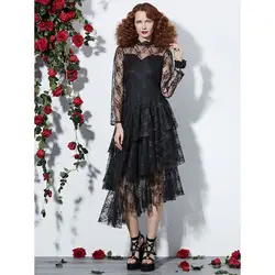 Для женщин пикантные платье Черное вечернее Готический оборками асимметричный подол сетка видеть сквозь элегантные летние женские