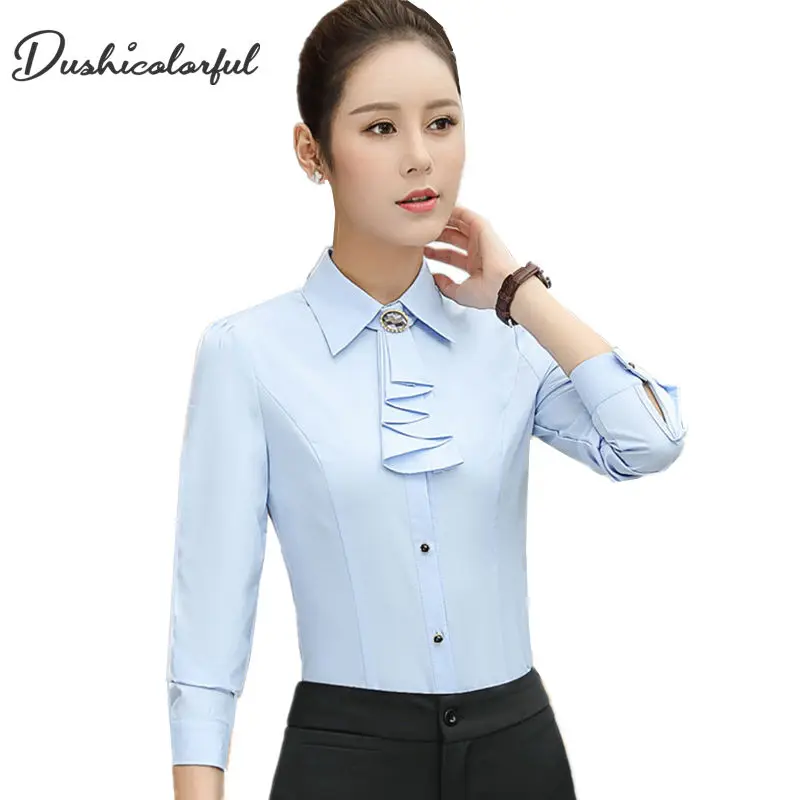 

Elegant ladies long-sleeve shirt autumn white purple bow tie chiffon women blouse work wear formal office plus size top sky blue