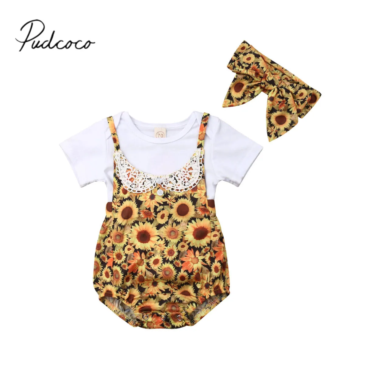

2019 Brand New 0-18M Infant Kids Baby Girls Summer Clothes Sets White Short Sleeve T-Shirts+Sunflower Overall Romper+Headband