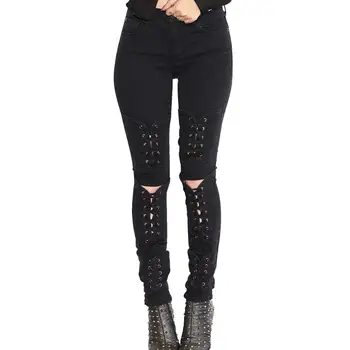 

Plus Size Knee Hole Moto Jeans Women High Waist Skinny Bandage Jeans Push Up Denim Pencil Pants Female Bootleg Lace Up Jeans