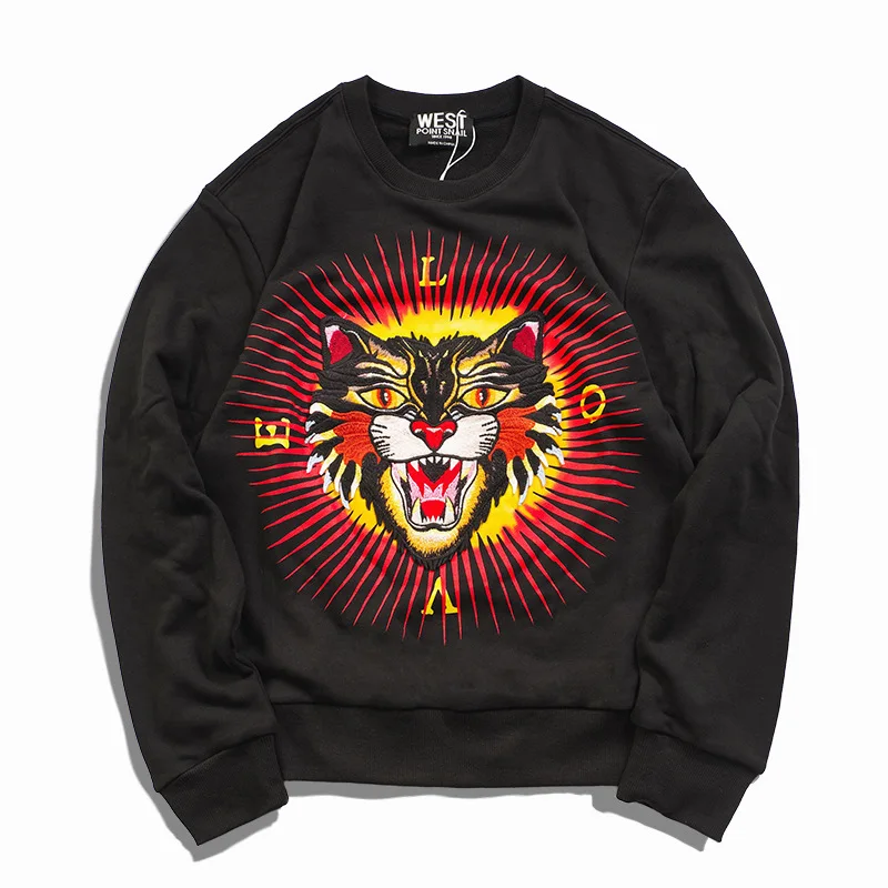 

2019 Fashion Black Mens Hoodies Tiger Embroidery Sweatshirts Full O Neck Casual Fleece Streetwear Cotton Men Winter Hoodie W38