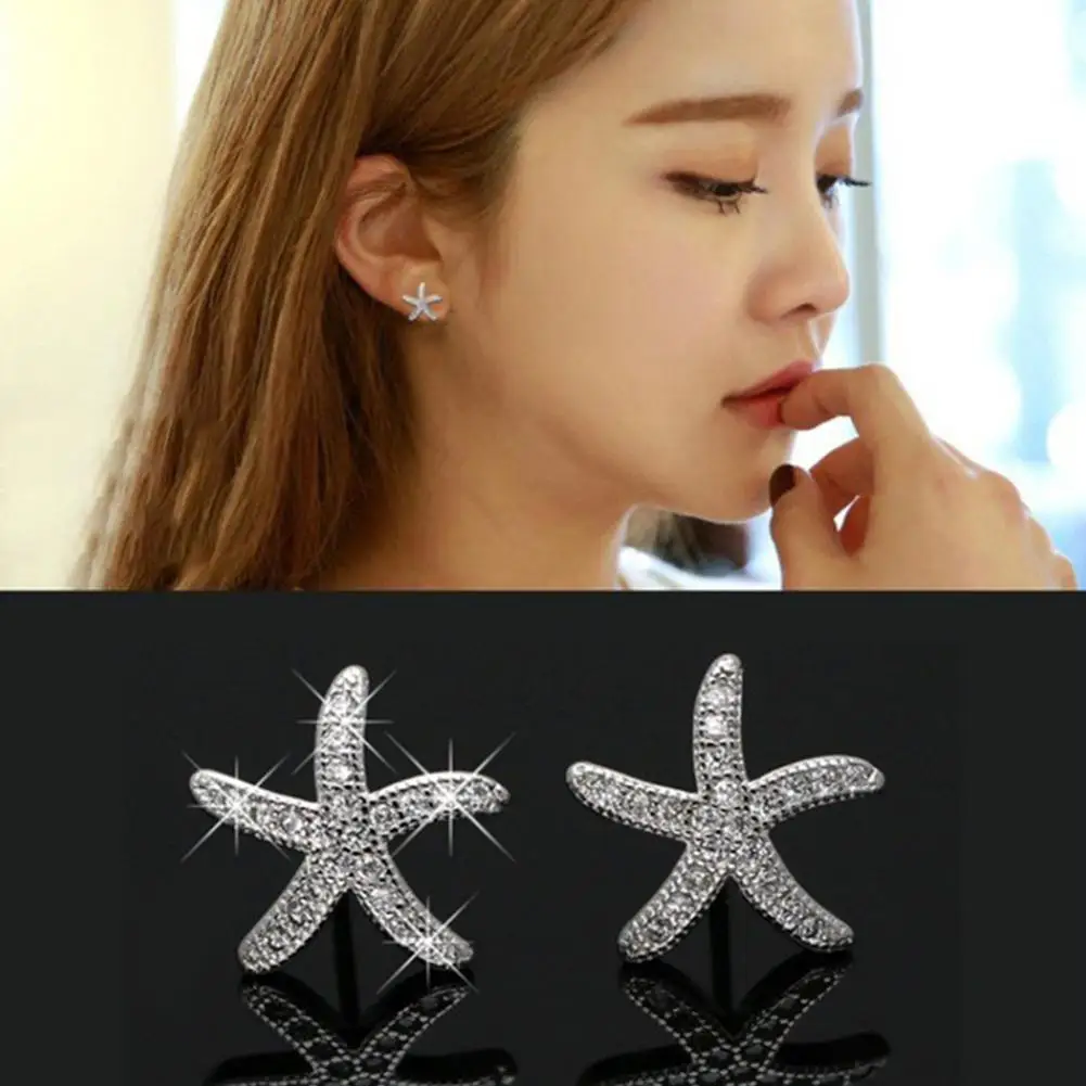 

DreamBell Fancy Women Stud Earrings Silver Color Simple All-match Zircon Starfish Ear Studs Female Jewelry