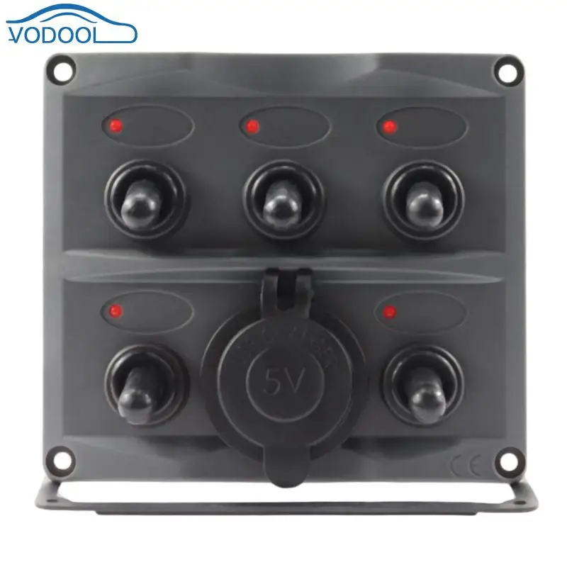 

VODOOL Waterproof LED 12V/24V Car Boat Marine RV 5-Gang ON/OFF Toggle Switch Panel With Dual USB 5V 3.4A Charger