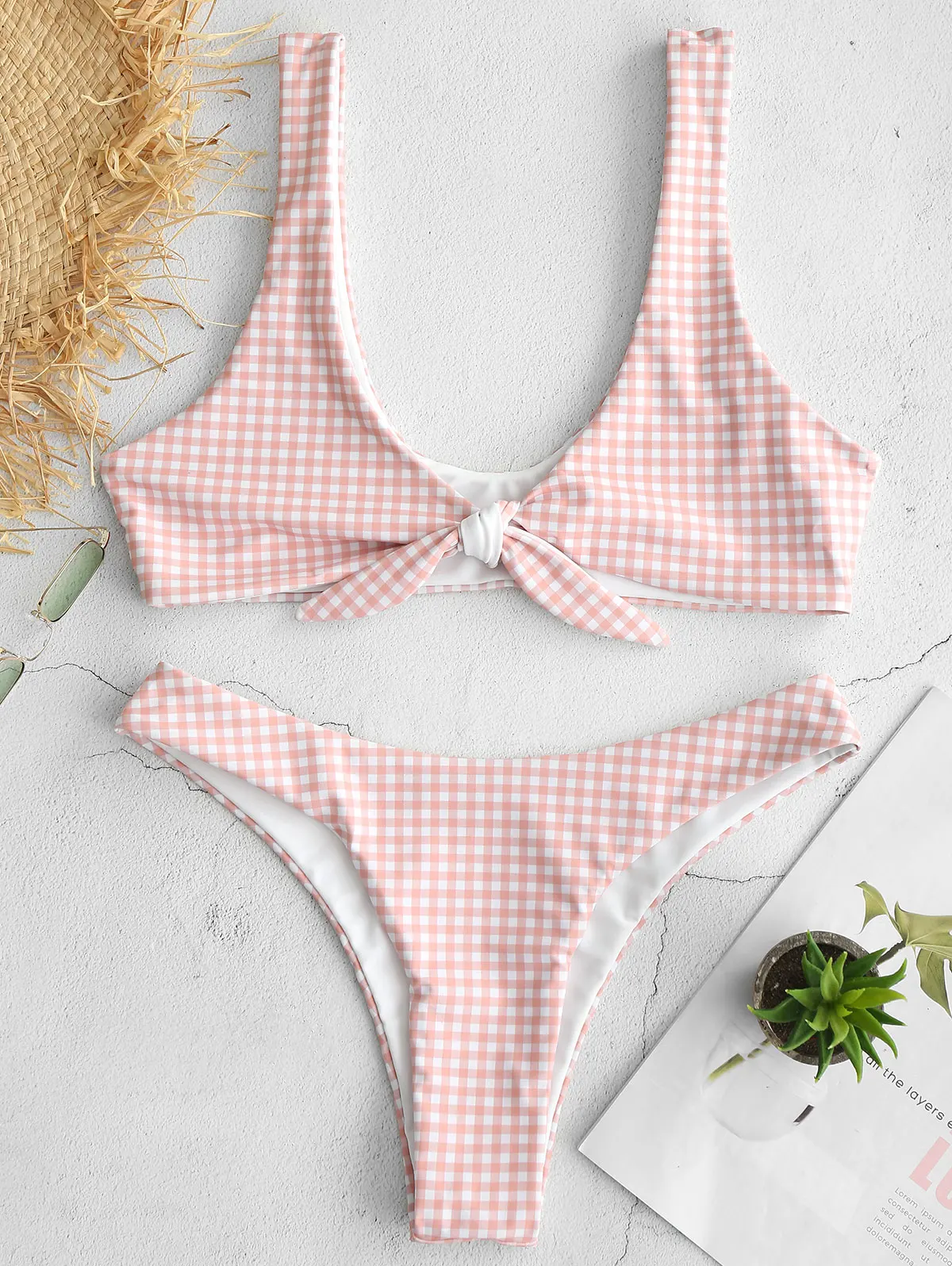 

ZAFUL Tie Front Swimsuits Women Thong Plaid Push Up Thong Bikini Set Plunging Neck Swimsuit Bow-Knot Swimwear Brazilian Biquini