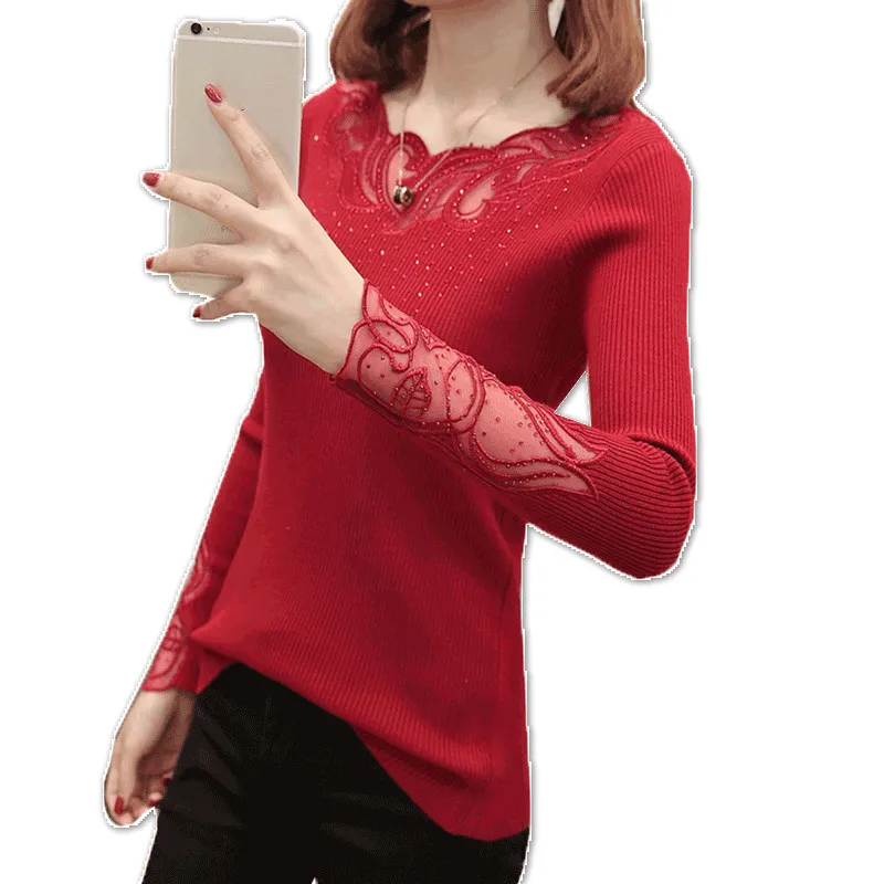 Pull Femme Women Elegant Knit Sweater Spring Autumn O-neck Long Sleeve Sexy Hollow Lace Crochet Slim Casual Pullovers