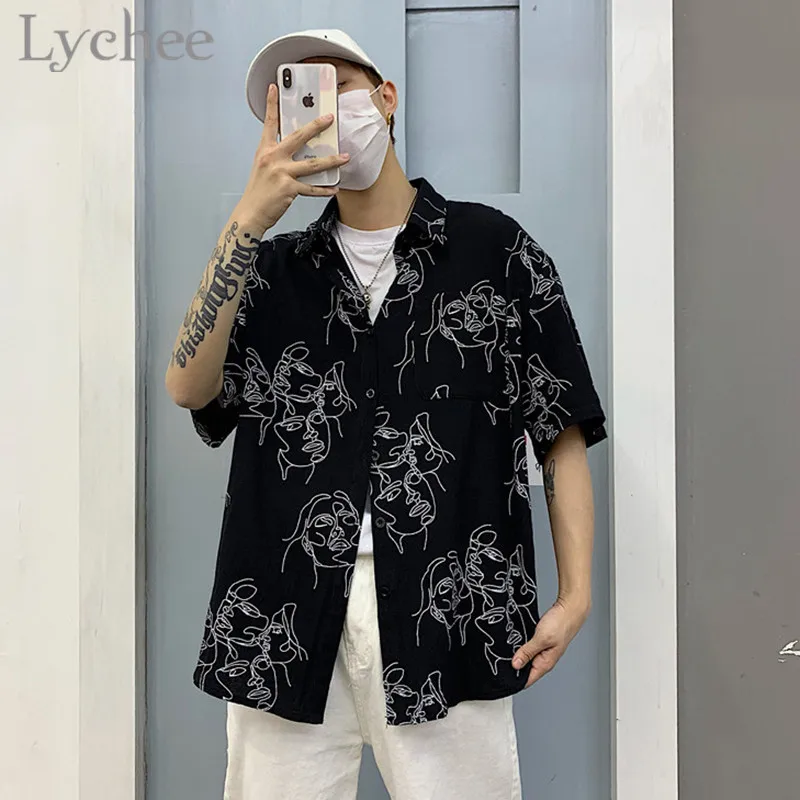 Lychee японский стиль принт лица женские блузки 2019 лето весна короткий рукав