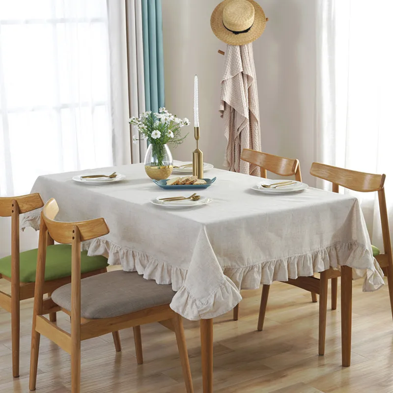  White Ruffles Table Cloth Rectangular Decorative Wedding/Birthday/Party Tablecloth Cotton Linen Tab