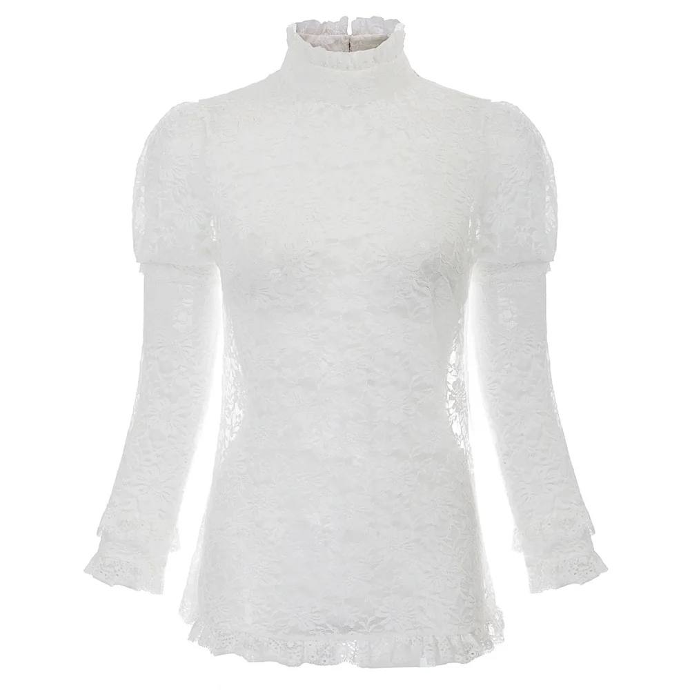 

vintage retro shirt Women blouse ivory/black top party gothic Steampunk Victorian Long Sleeve stand Neck See-Through Lace shirt