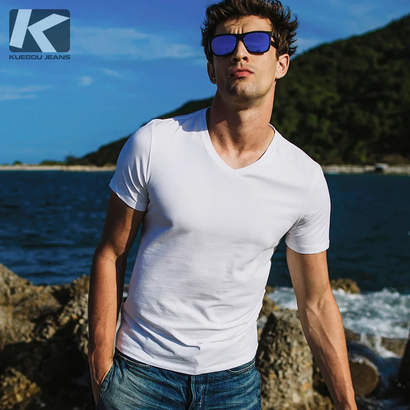 

KUEGOU New Summer Mens Casual T Shirts Black White Pink Gray For Man's Wear Short Sleeve V-Neck T-Shirts Male Brand Tops 1207