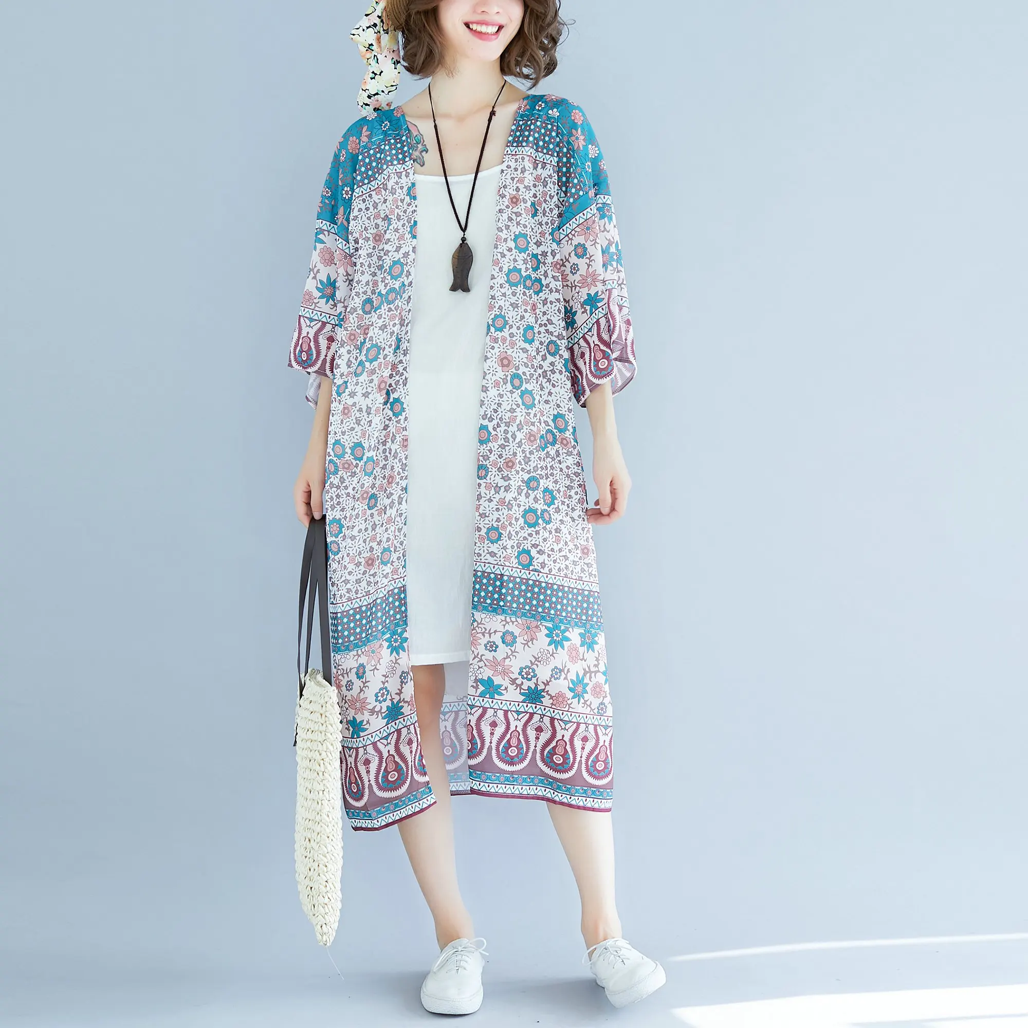 

New Women Shirts Print Chiffon Solid Fat Long Prevented Bask In Clothes Outside Air Conditioning Blouse Shirt 9013