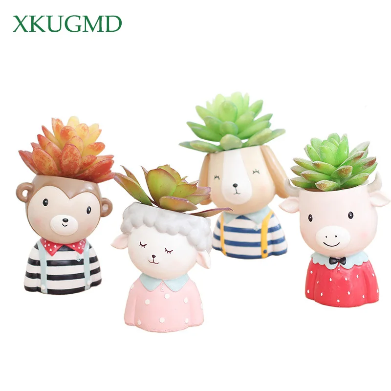 

Fairytales Ranch Flowerpot Cute Cartoon Animal Sheep Cow Monkey Flowerpots Micro Landscape Combined Desktop Ornament Succulents