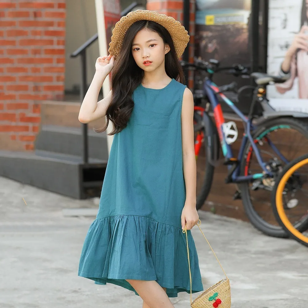 

Mermaid Teenager Blue Red Dress Girls Summer 2019 Pockets Ruffles Kid Dress For Girl Mid Long Mother And Daughter Clothes