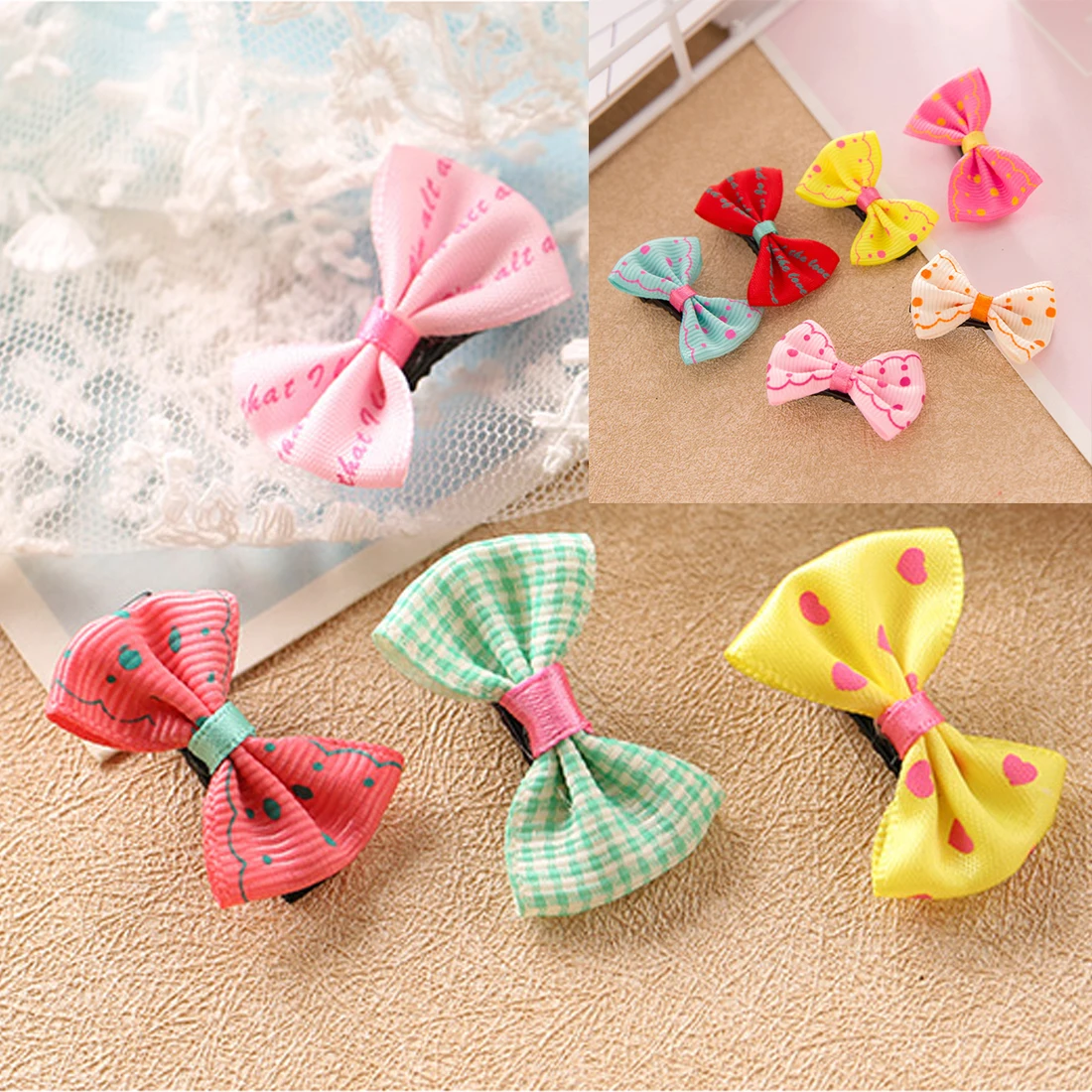 

10pcs/set Colorful Hair Clips Bow Hairgrips Sweet Girls Solid Dot/ Stripe Printing Headbands Salon Hairpins Hair Styling Tool