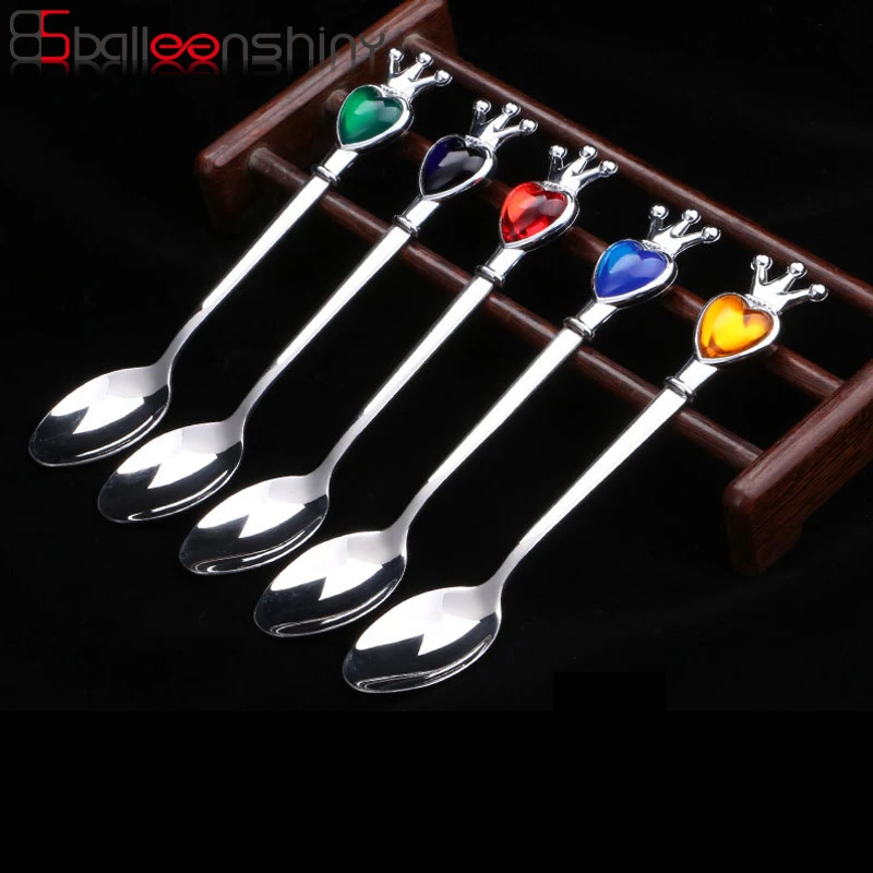 

BalleenShiny Creative Crown Dessert Spoon Stainless Steel Colorful Crystal Handle Coffee Stir Honey Cake Scoop Kitchen Tableware