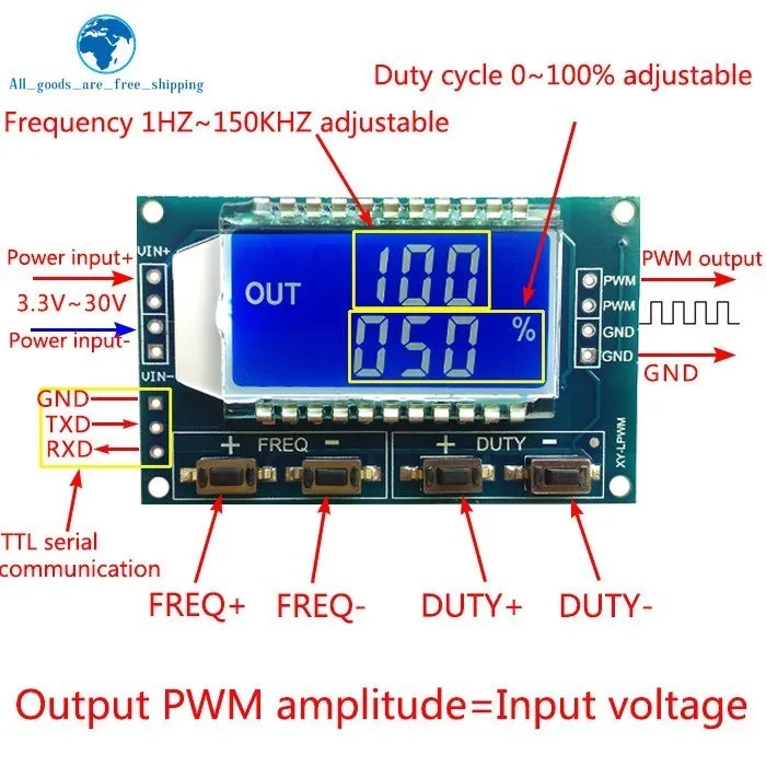 

TZT 1Hz-150Khz Signal Generator PWM Board Module Pulse Frequency Duty Cycle Adjustable Module LCD Display 3.3V-30V 1Hz - 150Khz