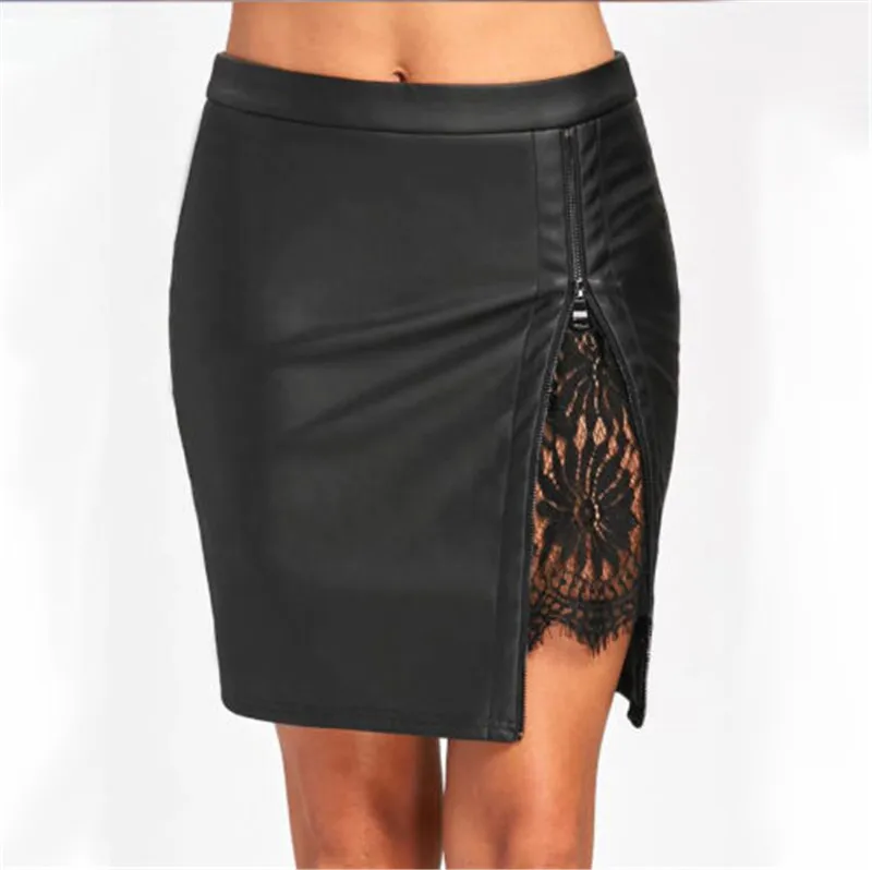 

Women OL FormalLace Patchwork Black Pu leather Stretch Skirts 2019 Korean High Waist Short Bodycon Sexy Hip Tight Pencil