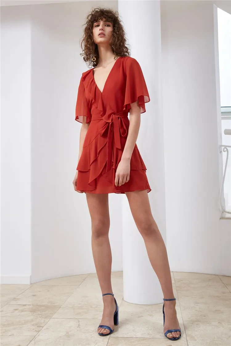 Шифоновое платье с v-образным вырезом каскадные оборки на шнуровке женское с поясом сексуальное Вечерние для повседневное пляжное красное платье Высокое качество Лето