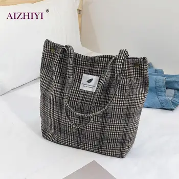 

Girls Woolen Cloth Plaid Print Female Casual Large Capacity Shoulder Handbags Women Shopping Totes Top-Handle Bags