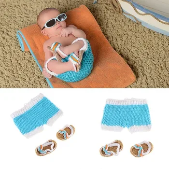 

Newborn Sky blue and green Beach pants and sandals Crochet Knit baby boy clothing new born Photography accessories Photo Props