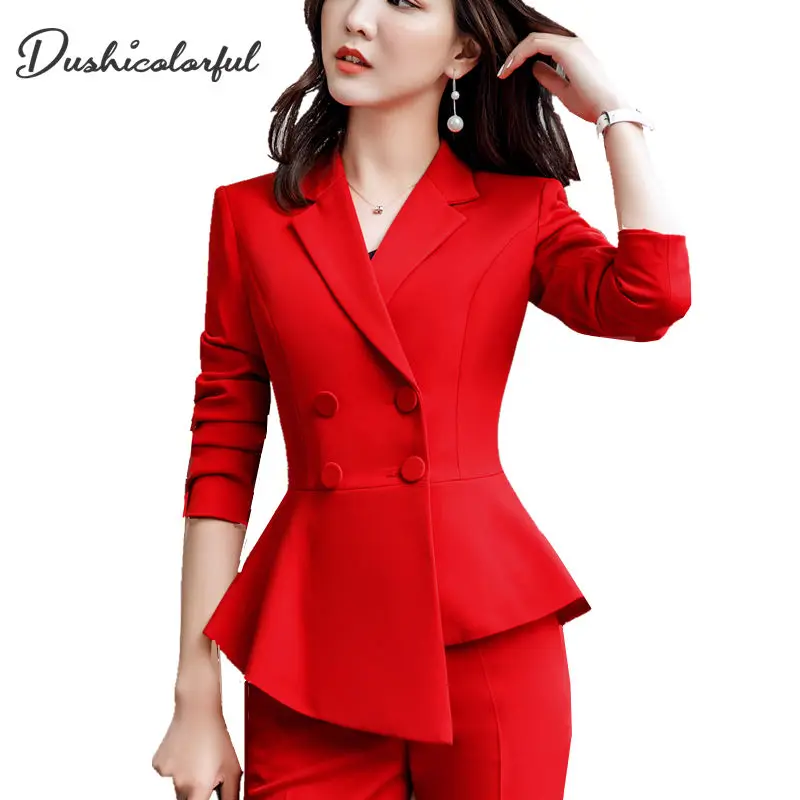 2019 Spring Autumn Women Red Elegant Office Lady Jacket Work Suit Casual Slim Ruffled Double Breasted blazer solid Dushicolorful 2019 Spring Autumn Women Red Elegant Office Lady Jacket Work Suit Casual Slim Ruffled Double Breasted blazer solid Dushicolorful