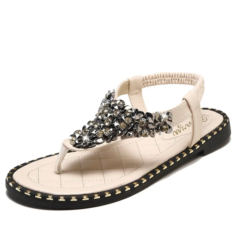 

SWONCO Women Summer Sandals Flats Flip Flops Summer Shoes Crystal 2019 Hot Black Sandals Bohemian Sandal For Woman Large Size