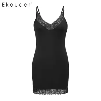 

Ekouaer Plus Size Lingerie Night Dress Women Sleepwear Deep V-Neck Nightgown Adjustable Spaghetti Strap Floral Lace Nightdress