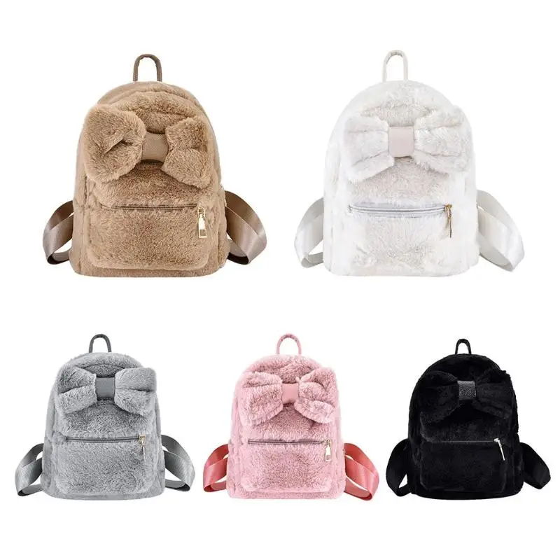 

Solid Faux Fur Backpack Bowknot Women Shoulder Bag Girl School Rucksack
