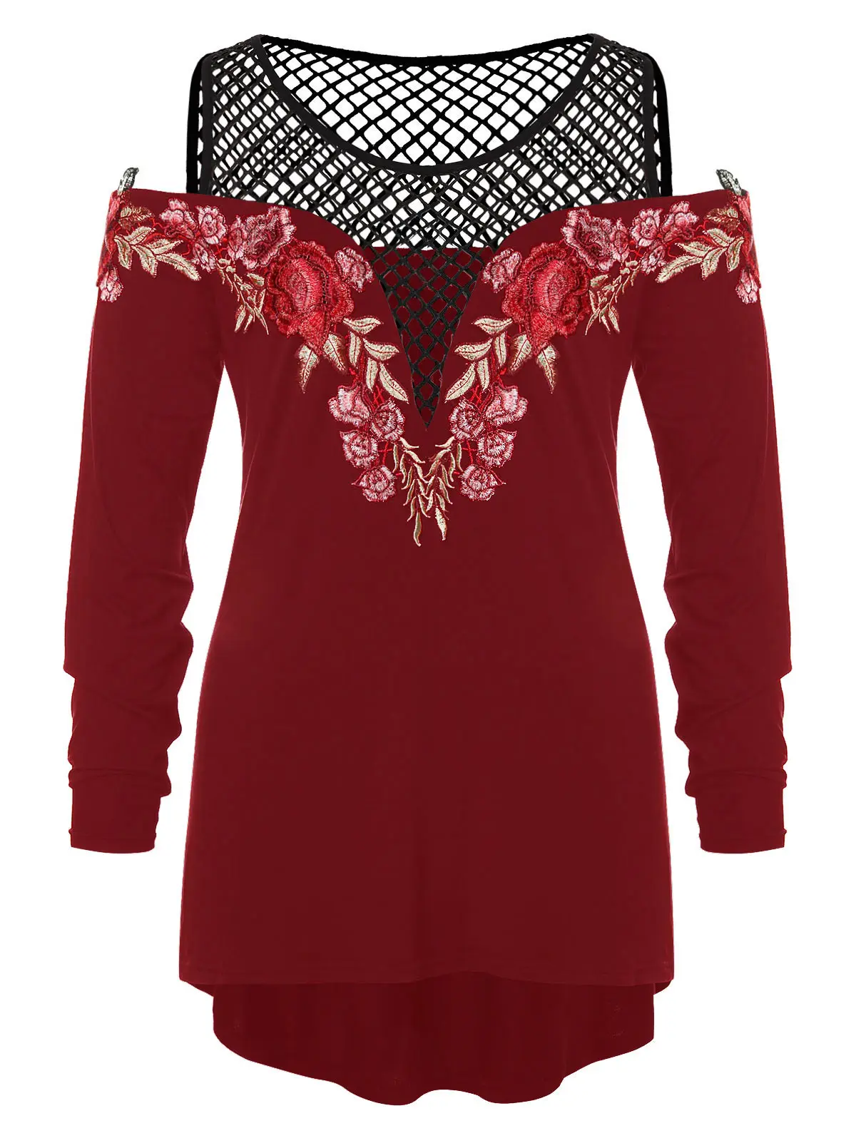 

Sovalro Plus Size Fishnet Insert Flower Embroidered Women T-Shirt Spring High Low Off Shoulder Women Tee Shirt Streetwear Tops