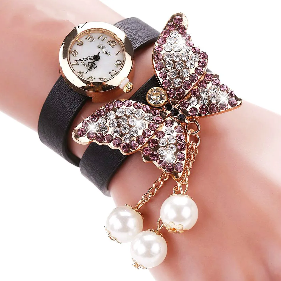 

New Women Leather Watches Quartz Luxury Butterfly Wristwatch Women Dress Bracelet Watches Ladies Clock Black Red