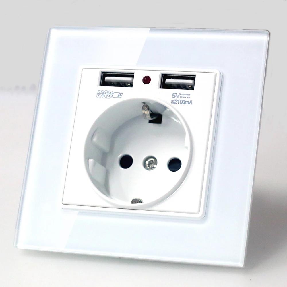 EU wall Power plug Socket with usb outlet, Glass 2A Dual USB Charger plug wall outlet, 16A 2100ma Electrical Wall Power Socket EU wall Power plug Socket with usb outlet, Glass 2A Dual USB Charger plug wall outlet, 16A 2100ma Electrical Wall Power Socket