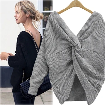 

Fashion Spring Women's Knit Sweater Sexy Backless Knot Deep V Wrap Front or Backless Pullovers Tops ~3