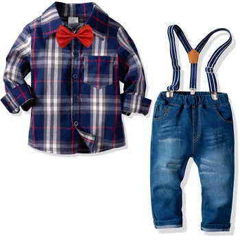 

Boy's 2-10Y Spring Autumn Plaid Shirt Bib Jeans Pant Clothing Set Cotton Fashion Blue Gentleman Shirt with Bowtie Suits