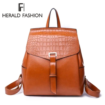 

Herald Fashion Quality Leather Women Backpacks Crocodile Pattern Female Shoulder Bags Solid School Backpack For Teenage Girls