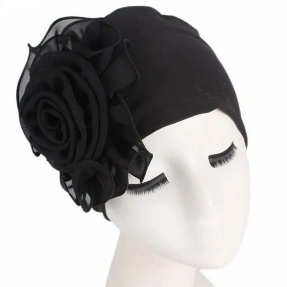 

New Fashion Casual Womens Ladies Hair Loss Head Scarf Turban Cap Big Flower Muslim Cancer Chemo Hat Cover Black White Red