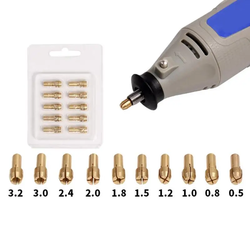 

10pcs Mini Brass Copper Collets Milling Chucks Drill for Twist Drill Motor Shaft Grinder 0.5mm-3.2mm Quick Lathe Chuck Tool Set
