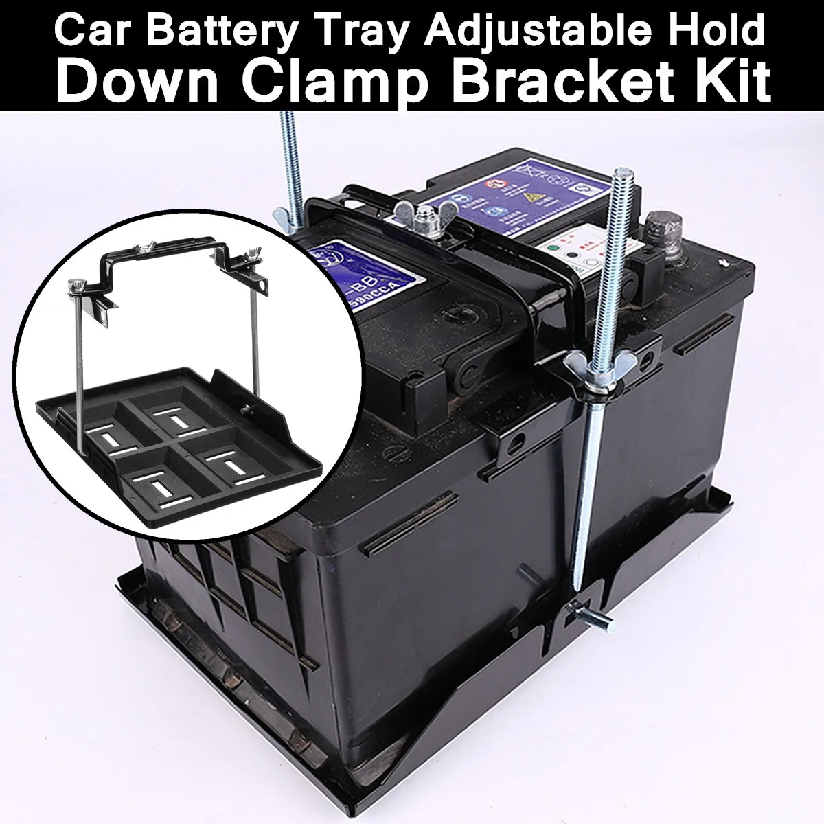 

19 x 28cm Universal Car Battery Tray Adjustable Hold Down Clamp Bracket Cycle Recessed Slots Metal Black Automotive/Marine Use