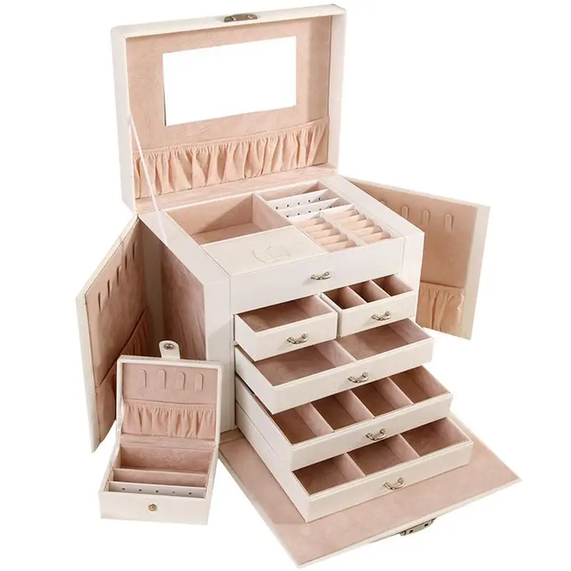Caja de almacenamiento de joyería de gran capacidad de 5 capas de cuero multifuncional cosméticos mujeres joyería anillo collar pendiente caja de almacenamiento - 2