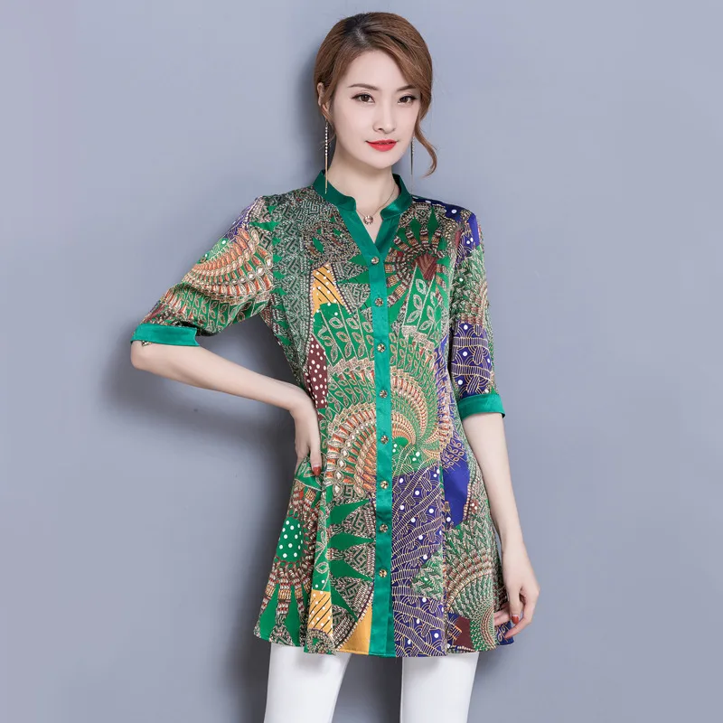 

#2994 Spring Summer Long Silk Shirt Women Long Sleeve Floral Print V-neck High Quality Fashion Tunic Plus Size 4XL Casual Blouse
