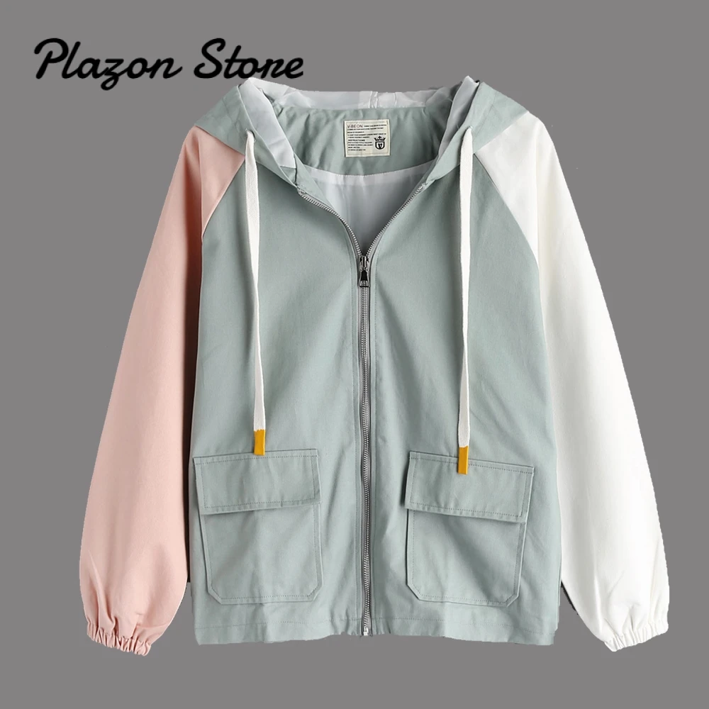 

Reglan Sleeve Hit Color Jacket Pocket Zip Hooded Jacket Female Windbreaker Women Coat Fashion Casual Harajuku Bomber Jacket