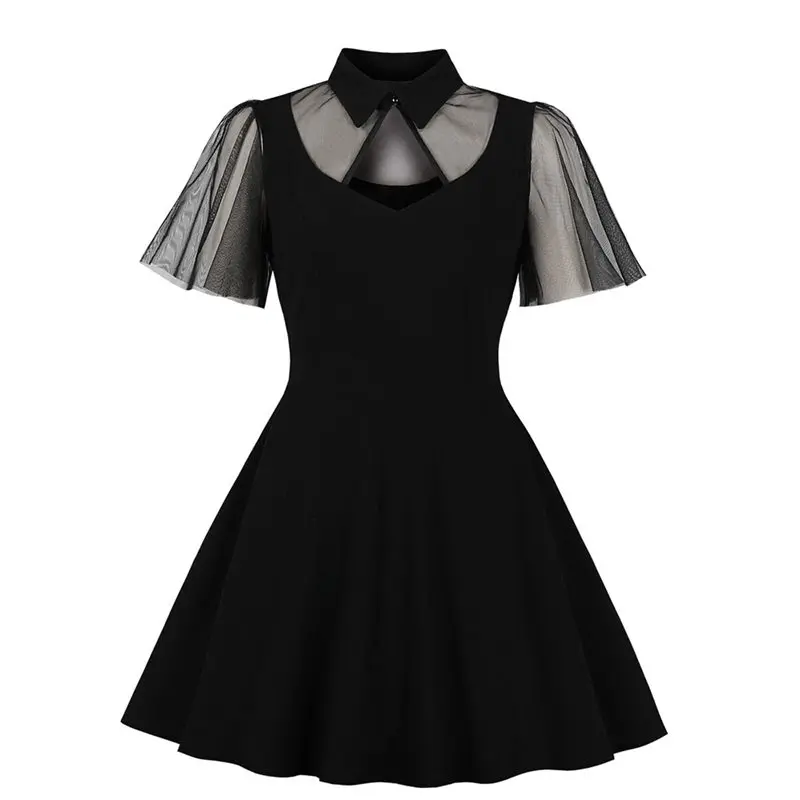 

Rosetic Summer Casual Vintage Dress Women Gothic Lace See Through Mesh Sleeve Hollow Sexy Goth Black Party Elegant Swing Dresses