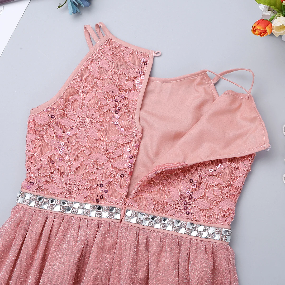 Girls Dress Teen Girls Sleeveless Sequined Floral Lace Shiny Dress Vestido de festa Wedding Formal Birthday Party Summer