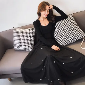 

2019 Spring New Women 3 Piece Set Knitted Mesh Skirt Suits Single Breasted Sweater Coat + Knit Top + Mesh Beading Long Skirt Set
