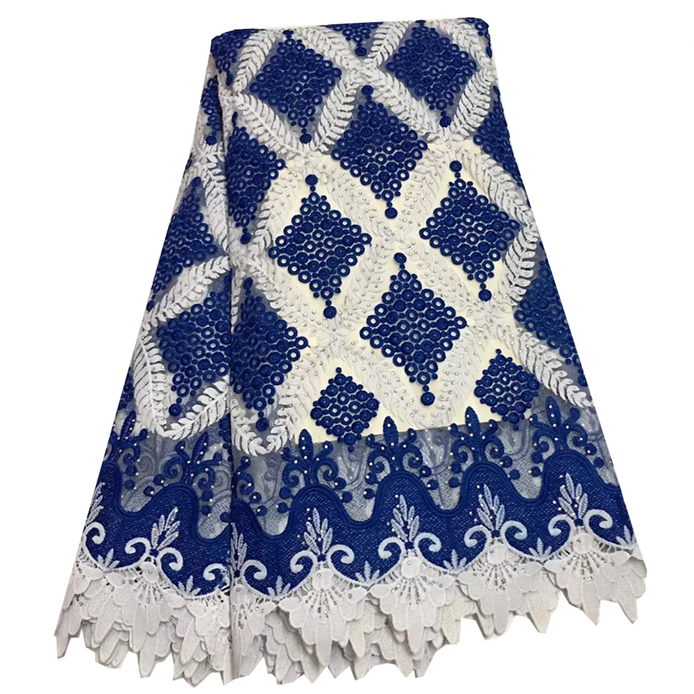 

White and blue lace fabric high quality french lace fabric with rhinestones latest african nigerian guipure lace for wedding