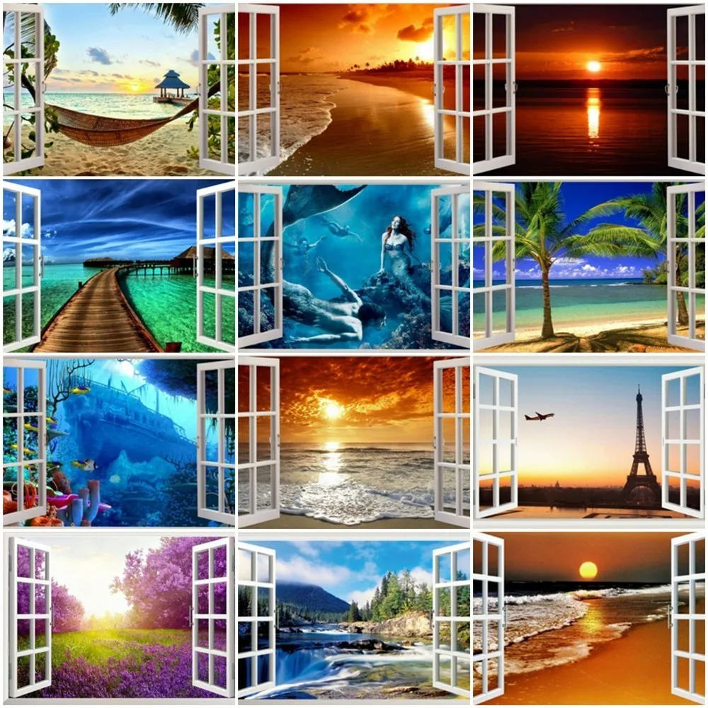 

HUACAN 5D DIY Full Square Diamond Painting Landscape Window Cross Stitch Diamond Embroidery Sea Rhinestones Mosaic Home Decor