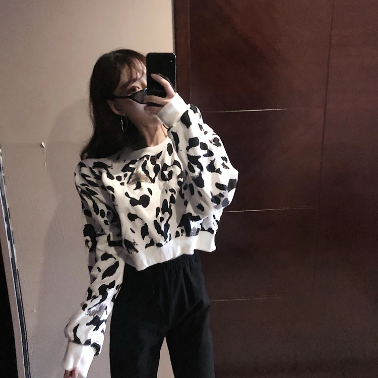 

harajuku Casual Hoodies leopard crop top womans Sweatshirts spring fall winter streetwear bf ulzzang o-neck pullovers hot new