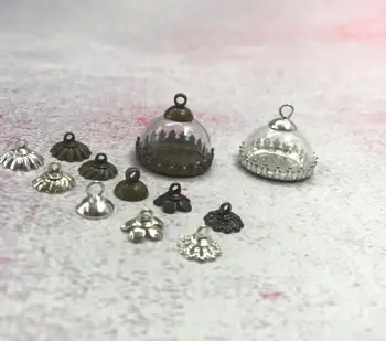 

50pcs/lot 20mm hollow half round glass globe bubble with crown base cap glass dome bottle vial pendant necklace handmade charms
