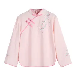 Новинка 2019 г. весна хлопок Улучшенный ветер подружек невесты Китай блузка рубашка розовый 9505