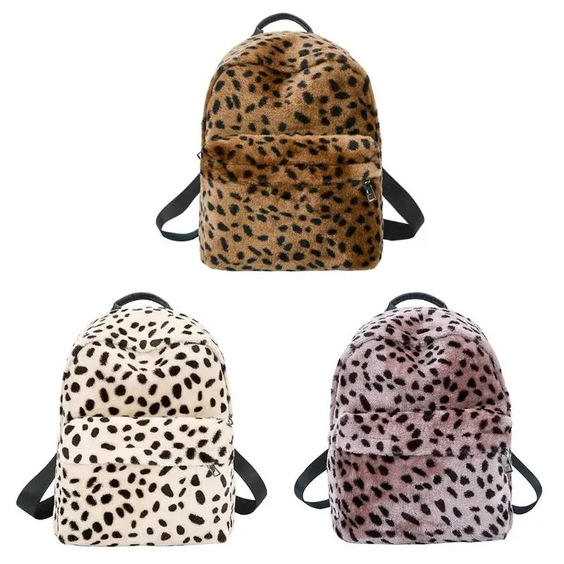 

Leopard Print Casual Women Fleece Backpack Girls Travel Shoulder Schoolbags