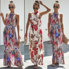 Frauen Boho Lange Maxi Jurk Dame Avond Party Strand Kleid Zonnejurk Bloemen Mouwloze Lange Jurk
