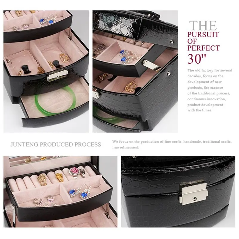 Ceny Automatyczne skórzane pudełko z biżuterią trzy pudełko do przechowywania z warstwową konstrukcją na kolczyki damskie Ring organizer na kosmetyki trumna na ozdoby